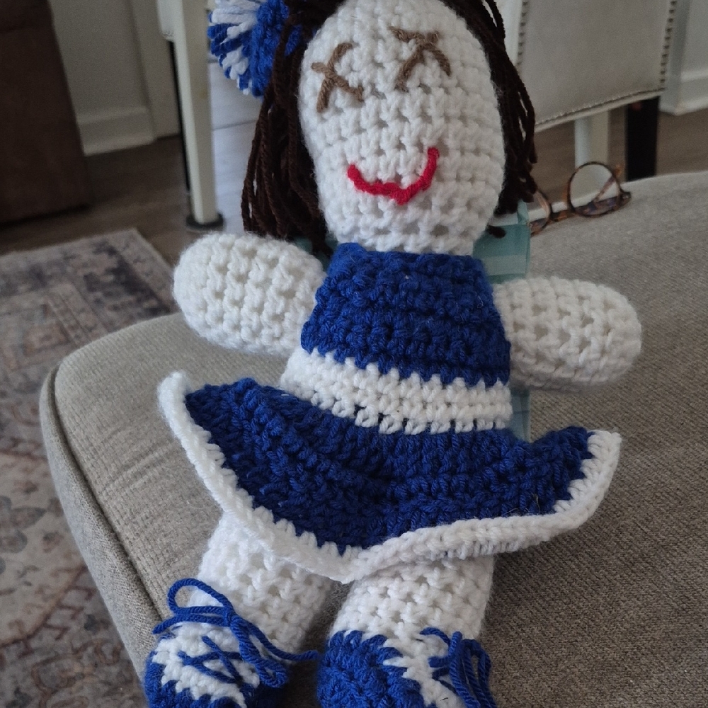 Vintage Handcrafted Crochet Doll in Blue and White